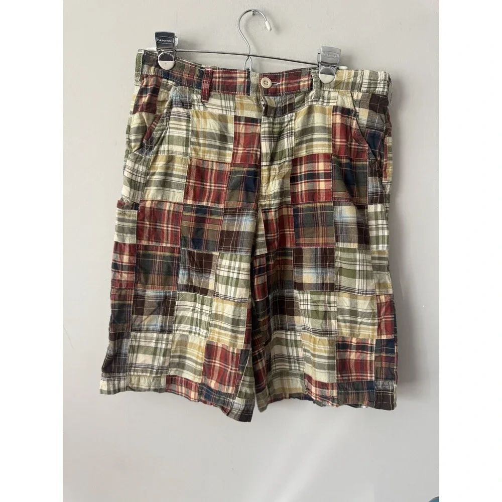 Y2K Boys Baggy Plaid Cotton Shorts Brown Green Size 16 Husky 32